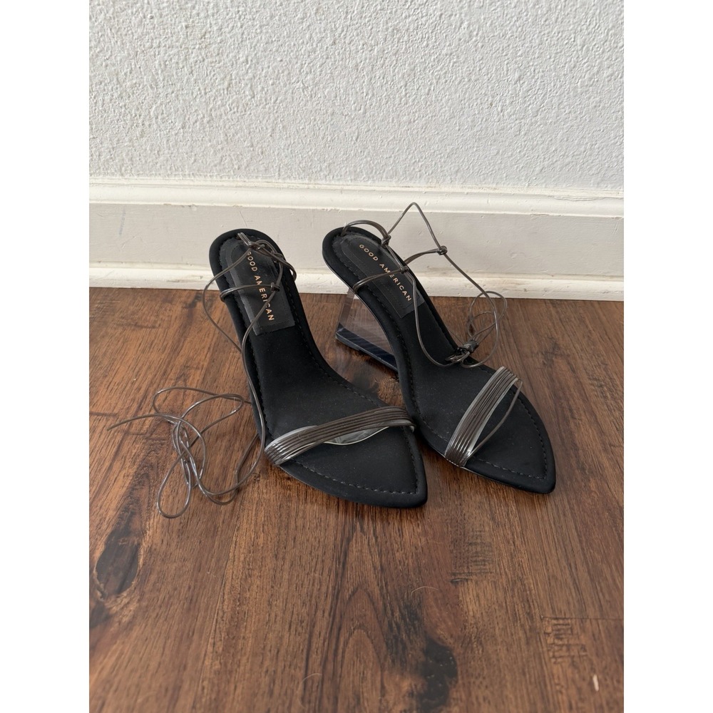 Good American Cinderella Black Wedge Sandals Clear Heel Neoprene Womens Size 7